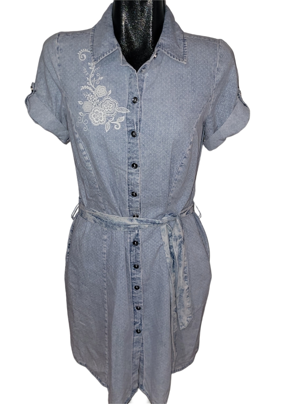 Marie Claire Light Denim Look Short Sleeve Shirt Dress with Floral Detail Size S